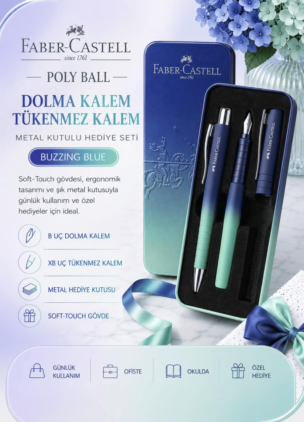 Faber Castell Poly Ball Buzzing Blue Dolma Kalem ve Tükenmez Kalem Hediye Seti