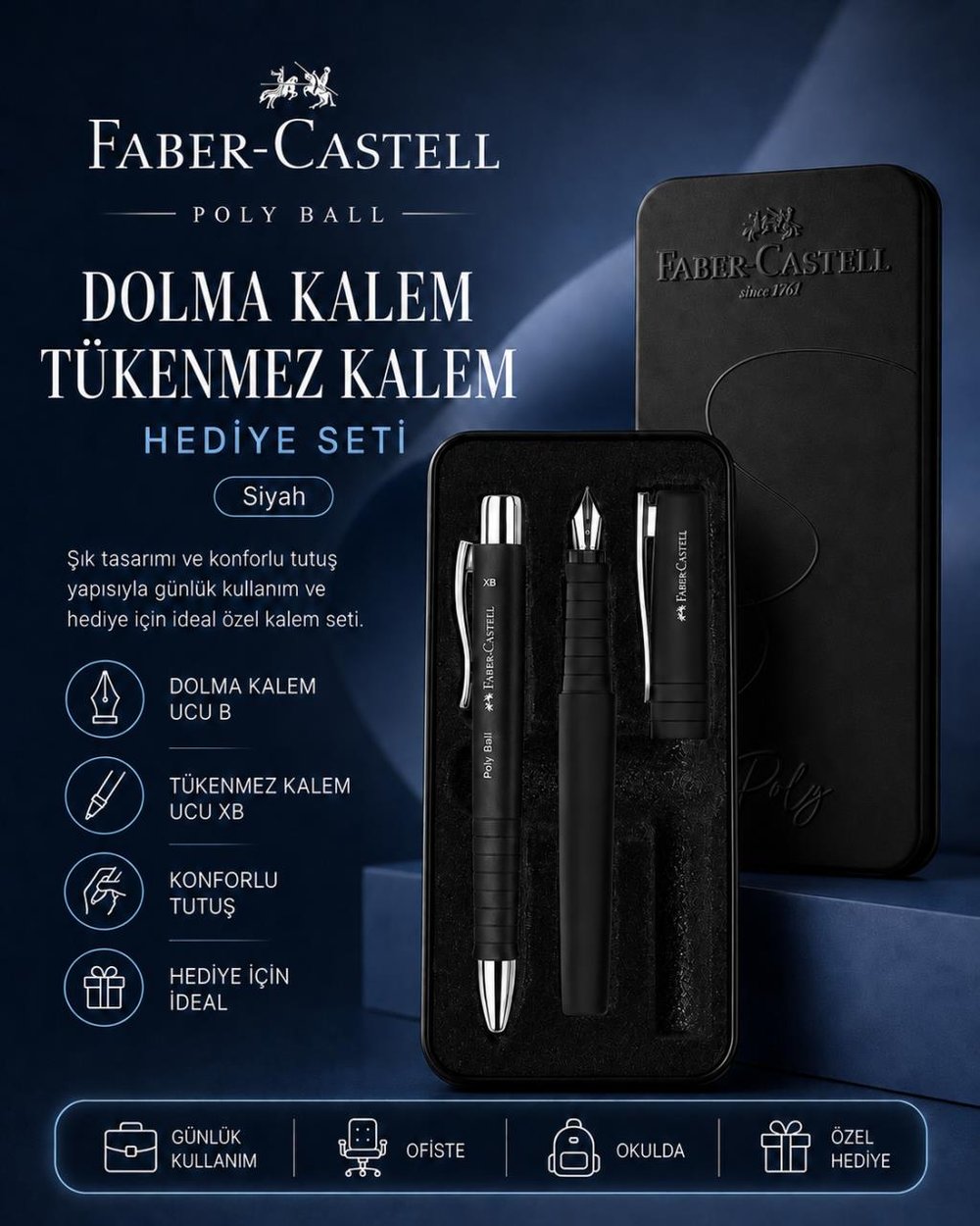 Faber-Castell Poly Ball Dolma Kalem ve Tükenmez Kalem Metal Kutulu Hediye Seti – Siyah