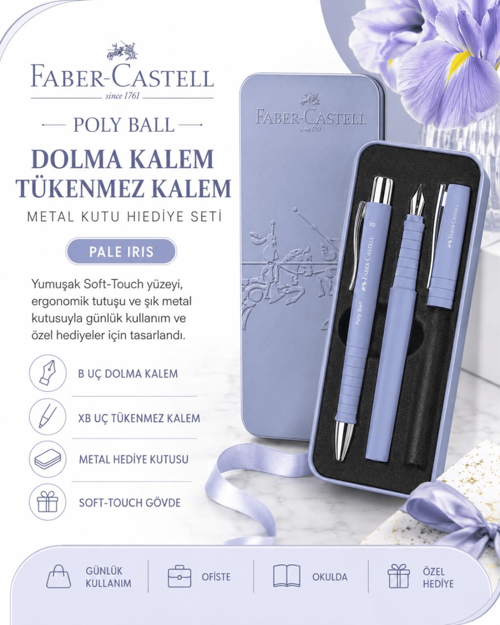 Faber Castell Poly Ball Pale Iris Dolma Kalem ve Tükenmez Kalem Hediye Seti