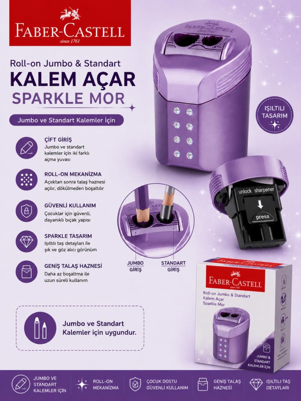 Faber Castell Roll-On Jumbo ve Standart Kalem Açar Kalemtıraş Sparkle Mor