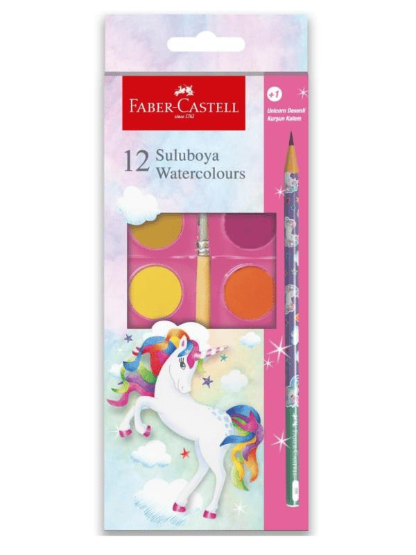Faber Castell Unicorn Büyük Boy Sulu Boya 12’li + 1 Kurşun Kalem Hediyeli