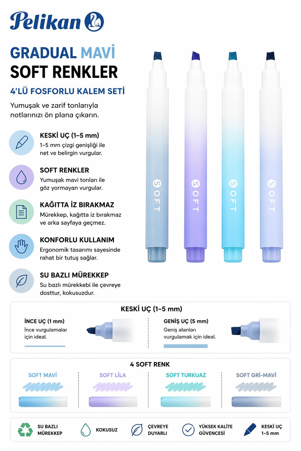Gradual Mavi Soft Renkler 4lü Fosforlu Kalem Seti