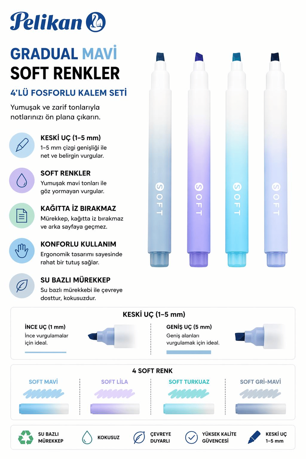 Gradual Mavi Soft Renkler 4lü Fosforlu Kalem Seti