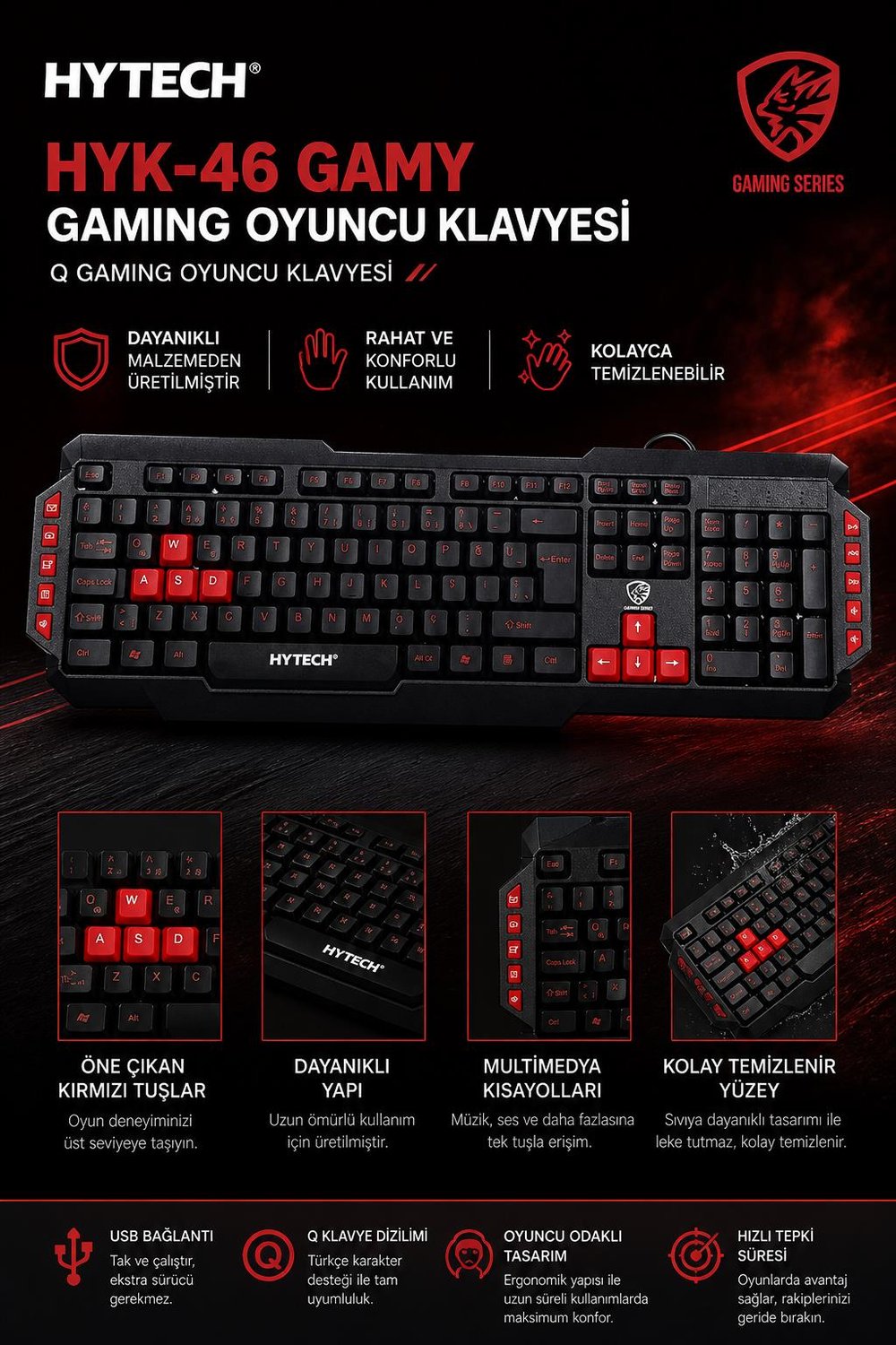 Hytech HYK-46 GAMY Siyah USB Kırmızı Tuşlu Q Gaming Oyuncu Klavyesi