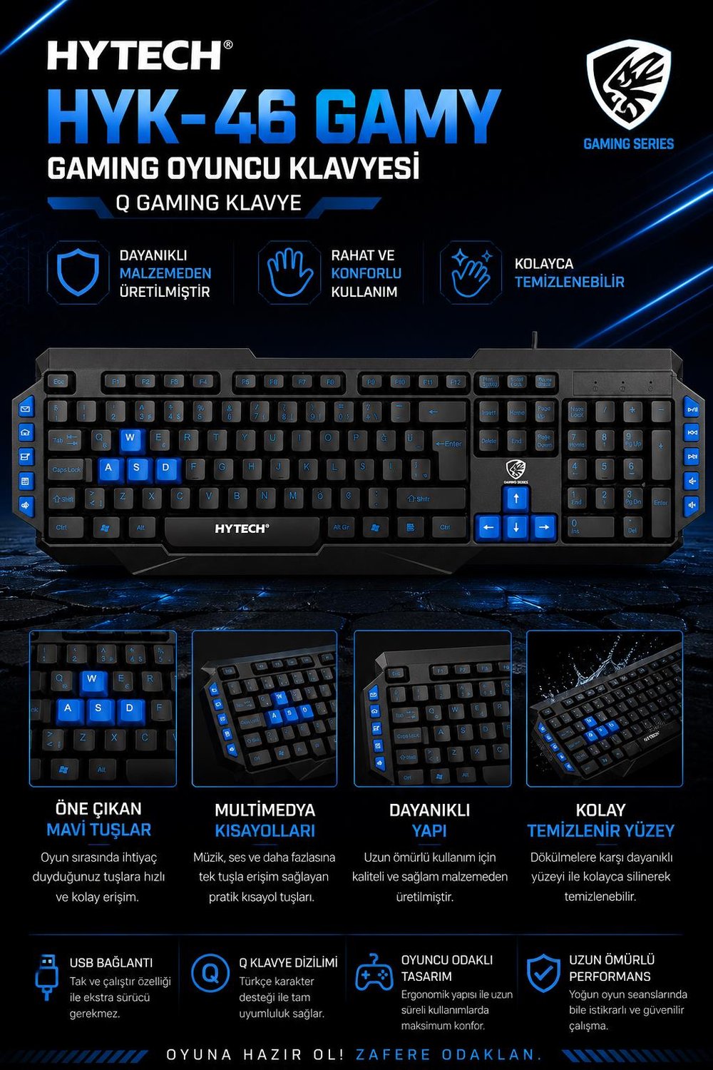 Hytech HYK-46 GAMY Siyah USB Mavi Tuşlu Q Gaming Oyuncu Klavyesi