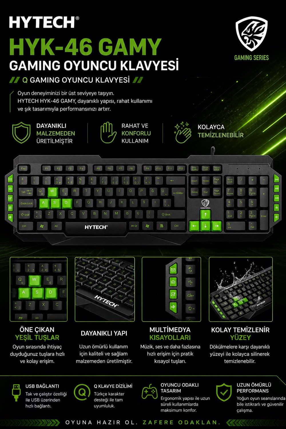 Hytech HYK-46 GAMY Siyah USB Yeşil Tuşlu Q Gaming Oyuncu Klavyesi