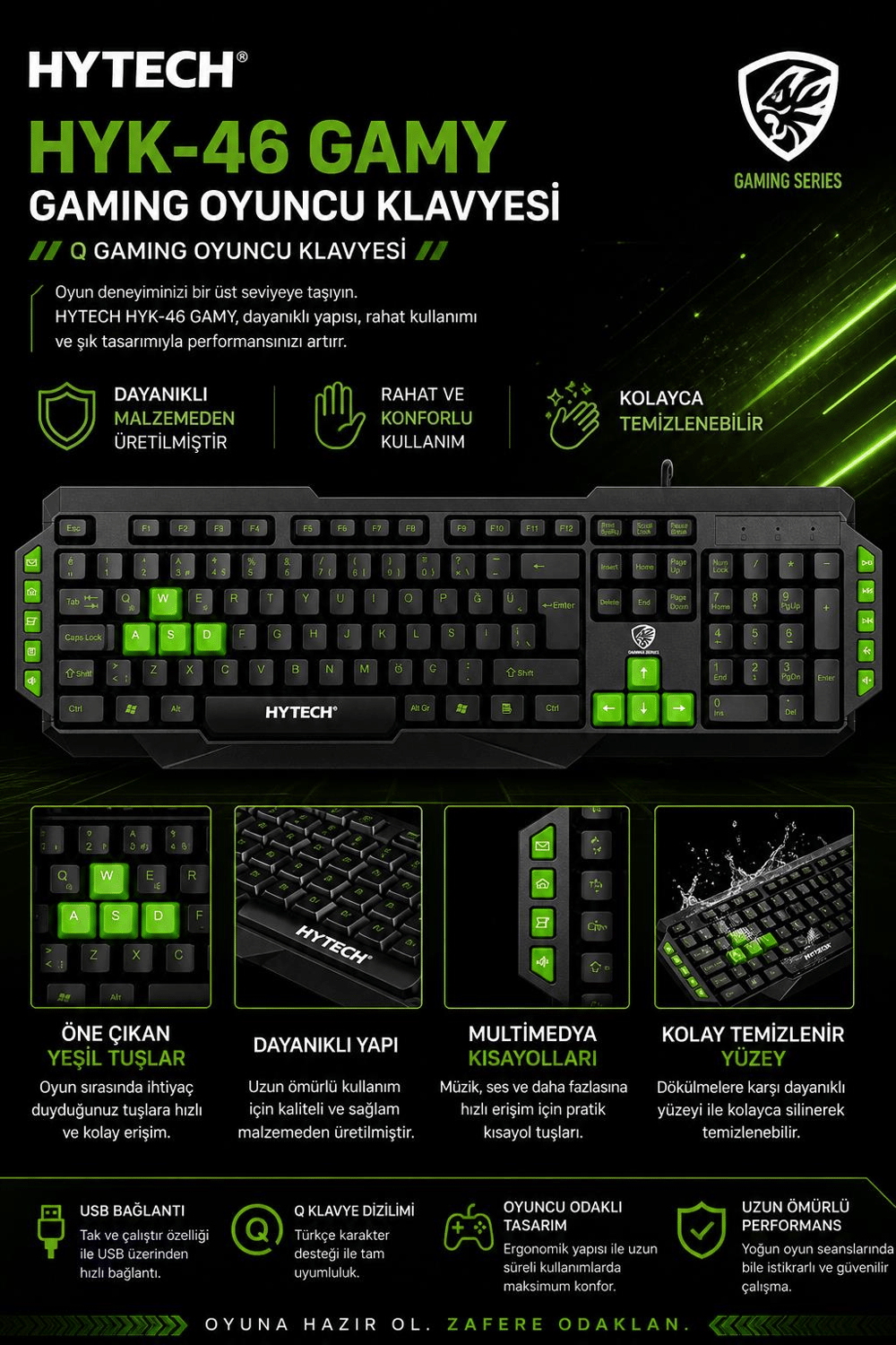 Hytech HYK-46 GAMY Siyah USB Yeşil Tuşlu Q Gaming Oyuncu Klavyesi