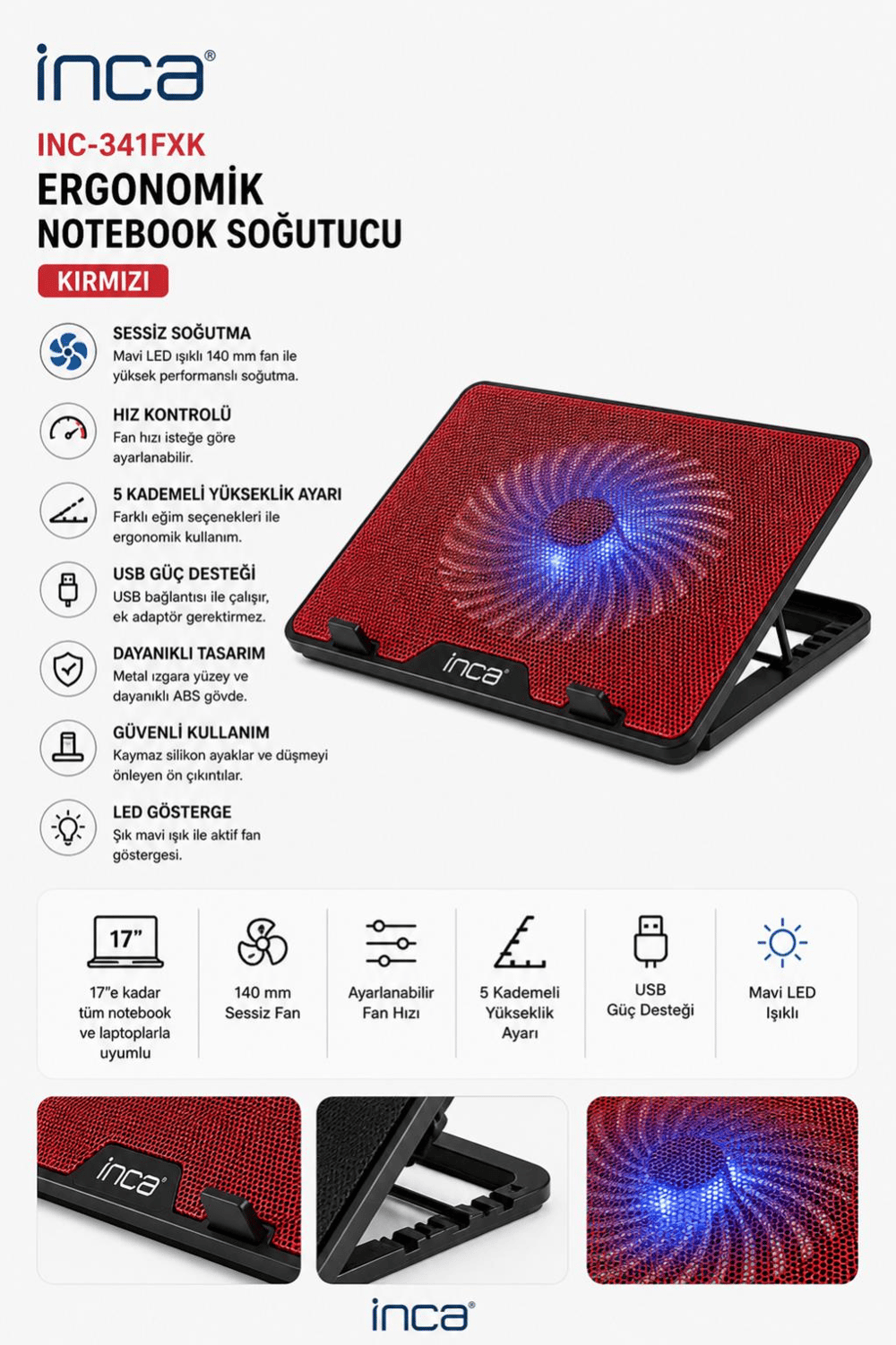 Inca Inc-341FXK Kırmızı Ergonomik Sessiz Usb Notebook Soğutucu