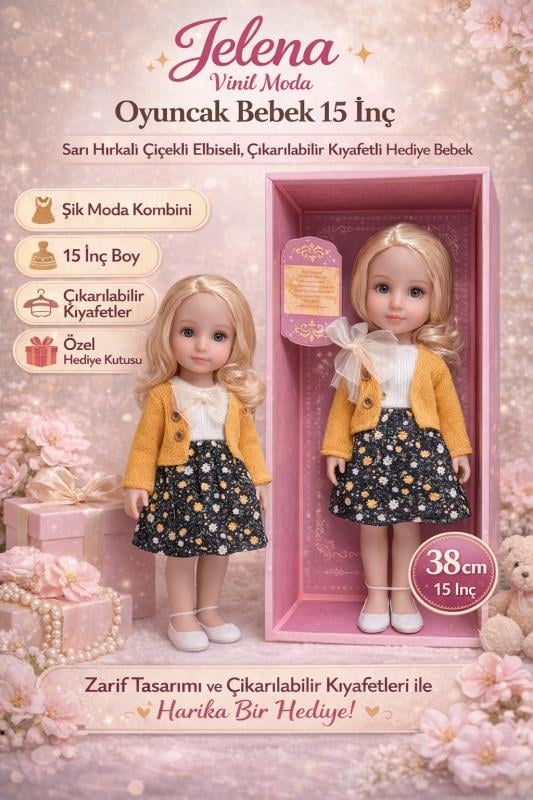 Jelena Vinil Moda Oyuncak Bebek 15 İnç – Sarı Hırkalı Çiçekli Elbiseli, Çıkarılabilir Kıyafetli Hediye Bebek
