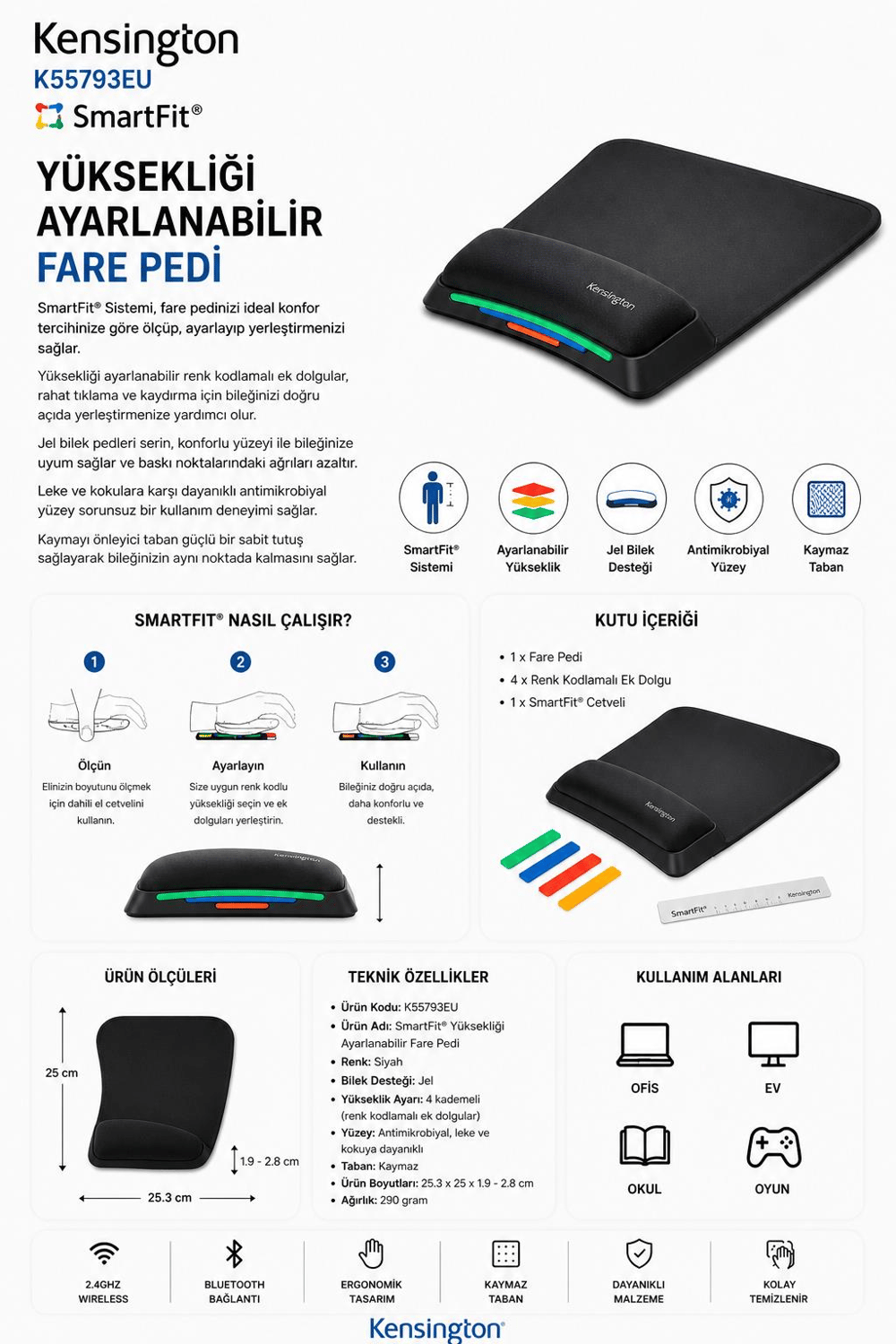 Kensington K55793EU SmartFit Yüksekliği Ayarlanabilir Fare Pedi
