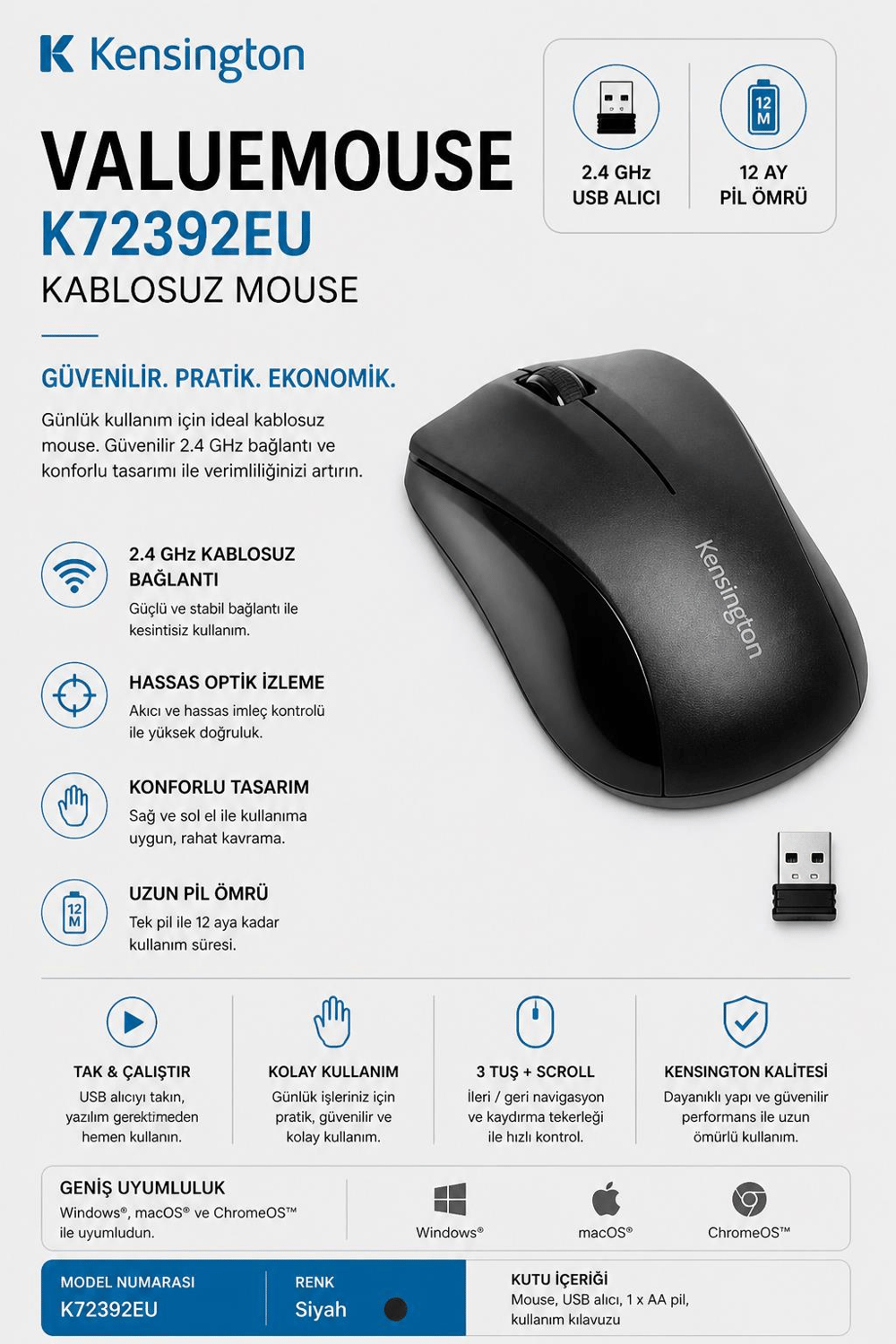 Kensington K72392EU ValuMouse Kablosuz Siyah