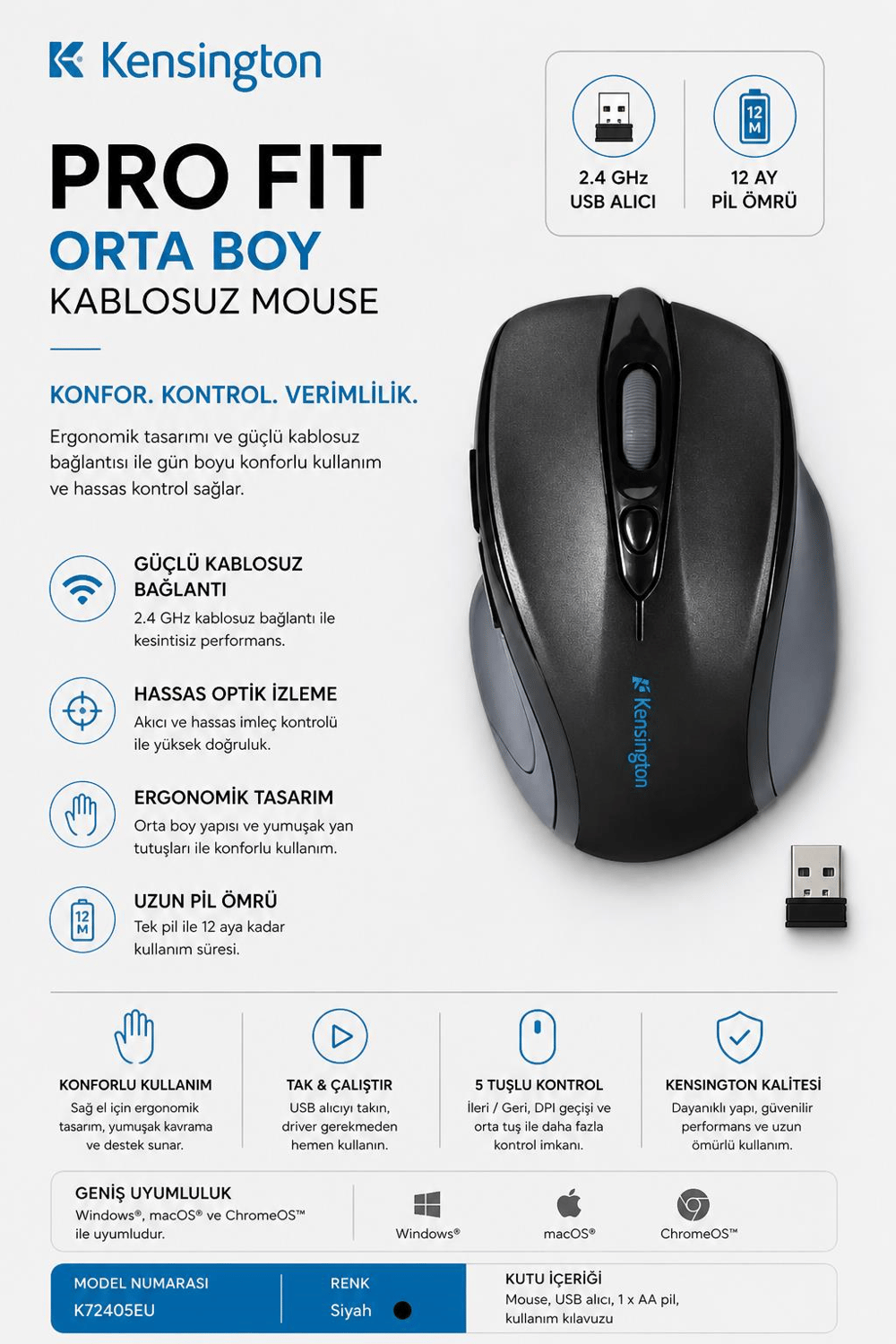 Kensington Pro Fit Orta Boy Kablosuz Mouse Siyah - KOD:K72405EU