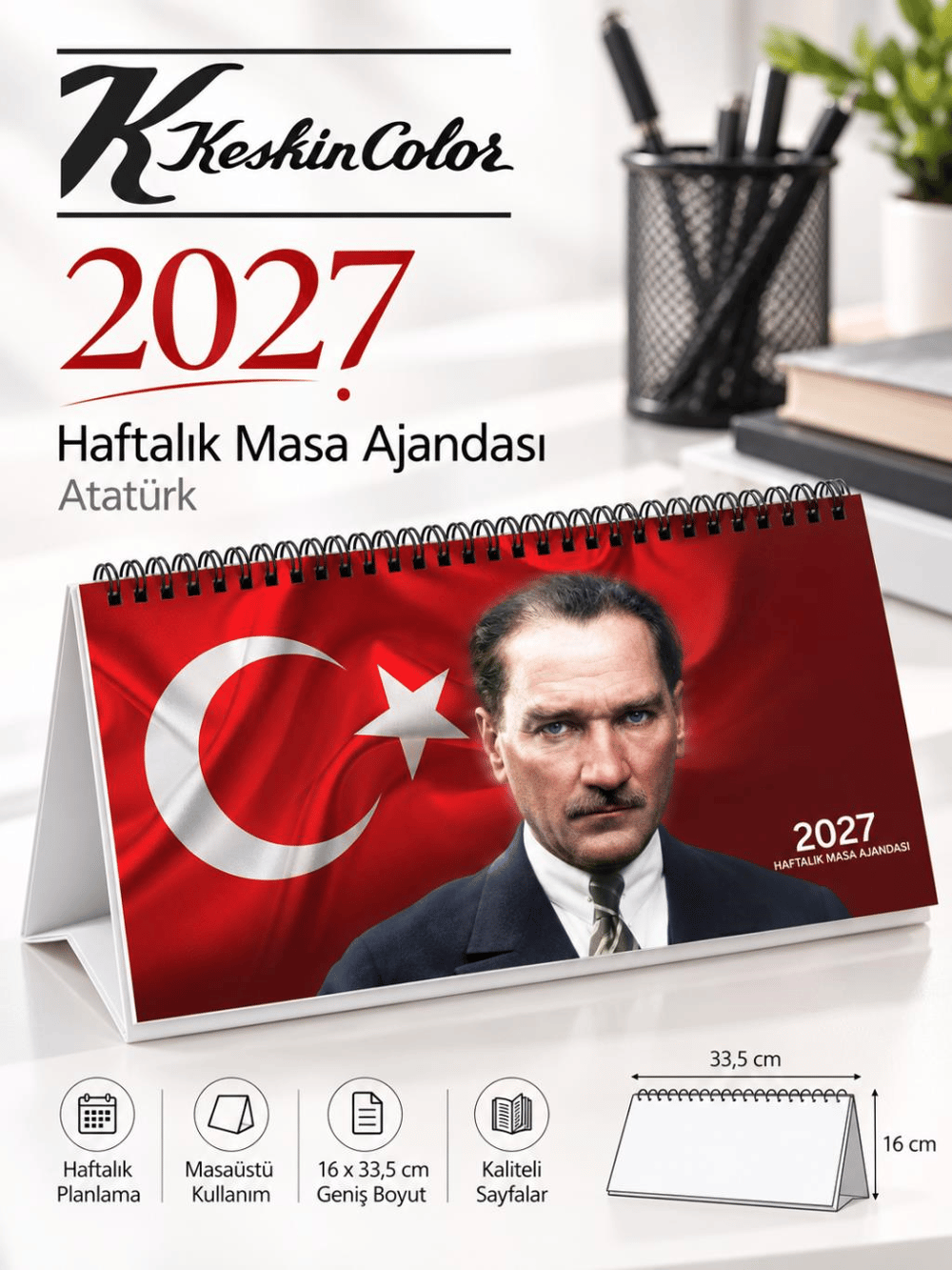 Keskin Color 2027 Haftalık Masa Ajandası Atatürk 2027-AJ-66 – 16 × 33,5 cm