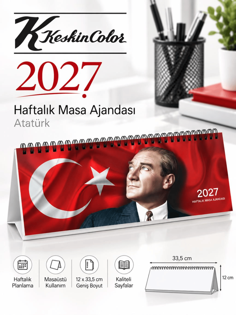 Keskin Color 2027 Haftalık Masa Ajandası Atatürk 2027-AJ-65 – 12 × 33,5 cm