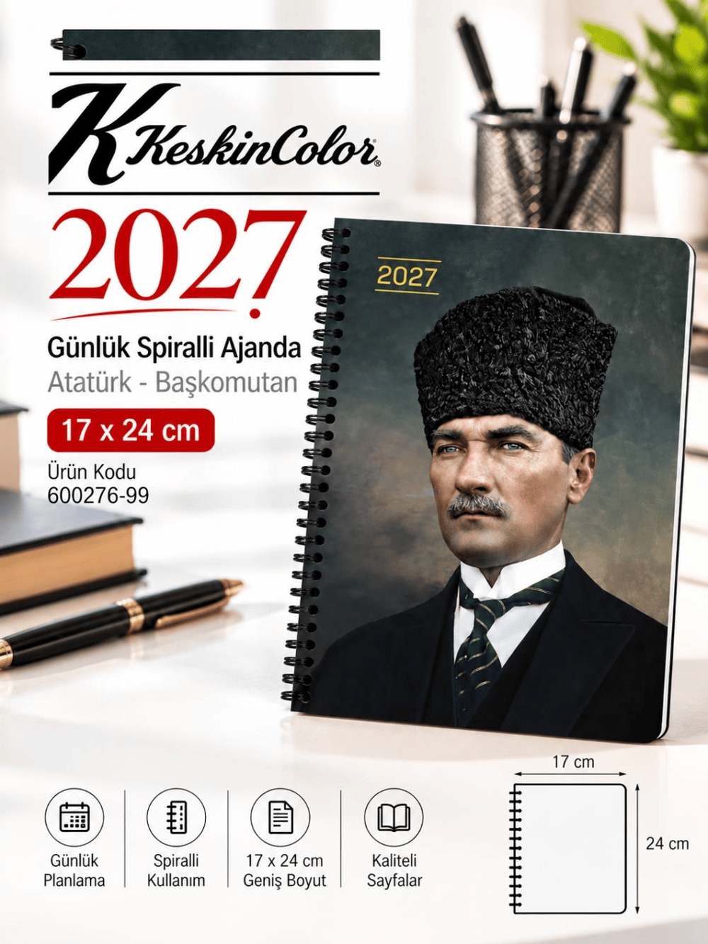 Keskin Color 2027 Yılı ATATÜRK Günlük Spiralli Ajanda 17x24 cm BAŞKOMUTAN