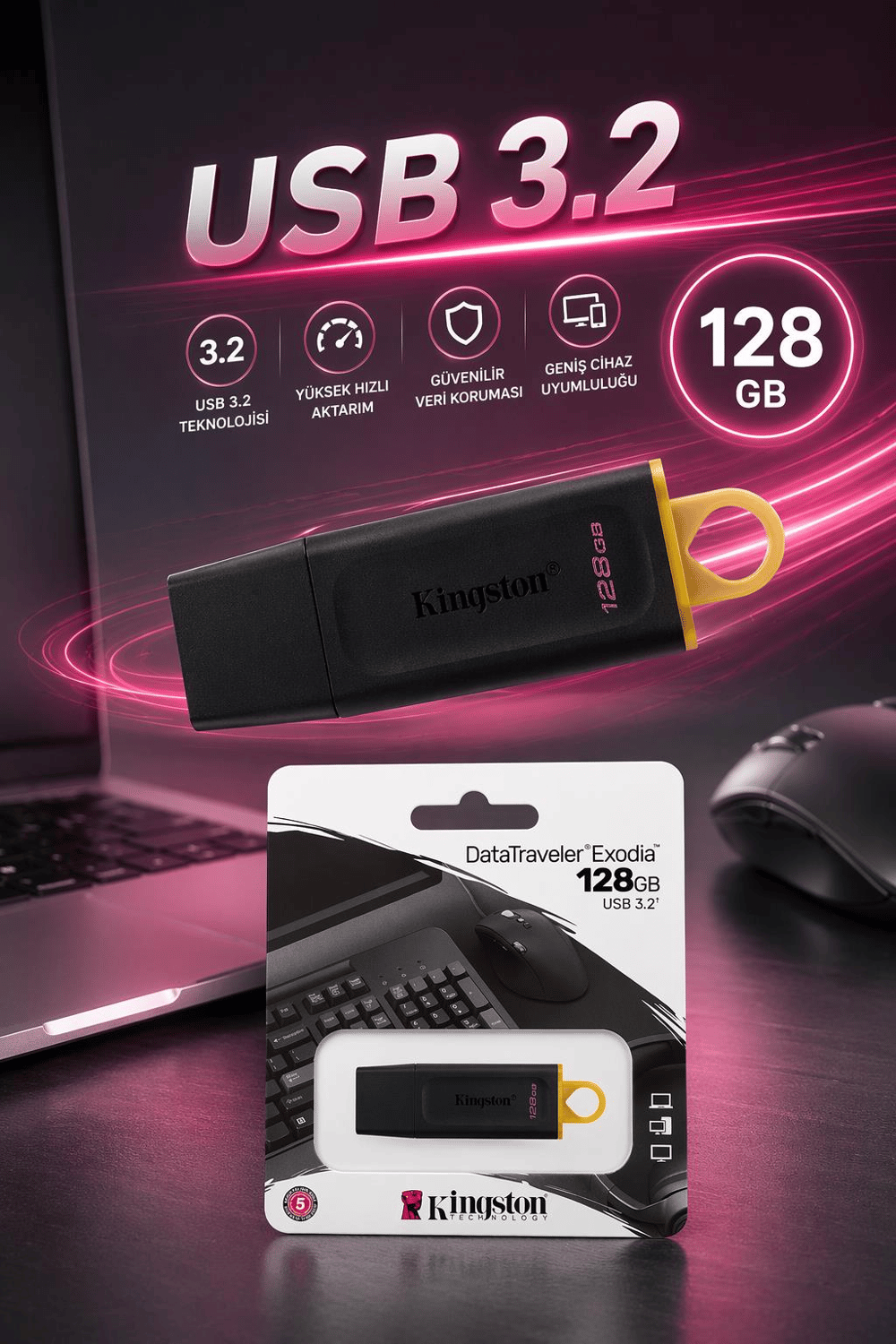 Kingston DTX/128GB 128GB USB 3.2 Gen1 DataTraveler Exodia (Siyah + Sarı) Flash Bellek