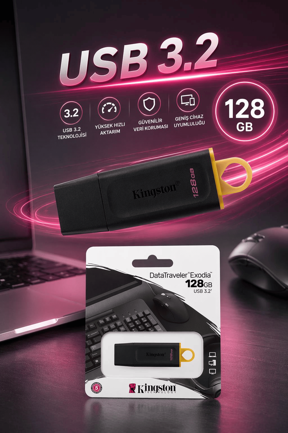 Kingston DTX/128GB 128GB USB 3.2 Gen1 DataTraveler Exodia (Siyah + Sarı) Flash Bellek