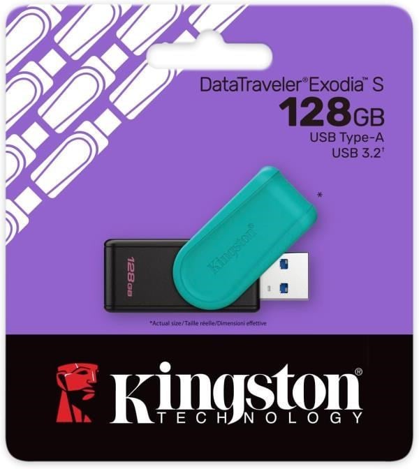 Kingston DTXS/128GB 128GB Portable USB 3.2 Gen1 DataTraveler ExodiaS (Black/Turquoise) Flash Bellek