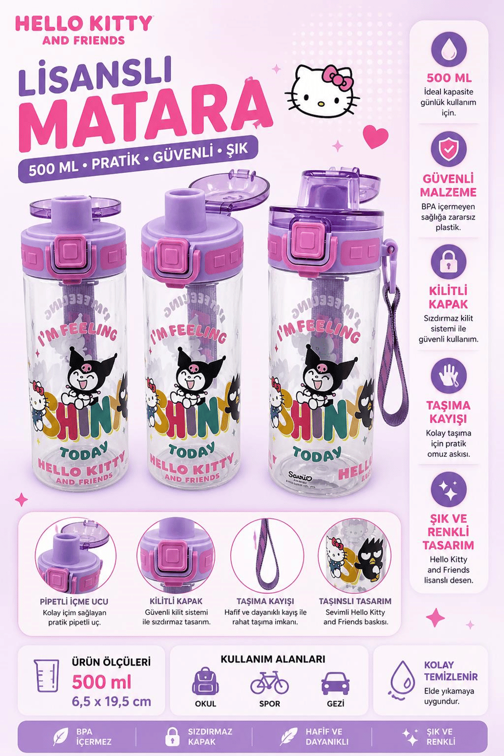 Kuromi Hello Kity ve Arkadaşları Plastik Matara 500 ML 3421