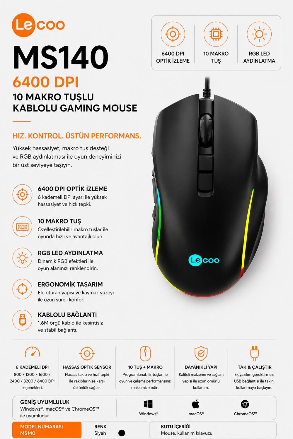 Lecoo MS140 Kablolu 6400DPI 10 Makro Tuşlu RGB LED Aydınlatmalı Gaming Optik Mouse Siyah