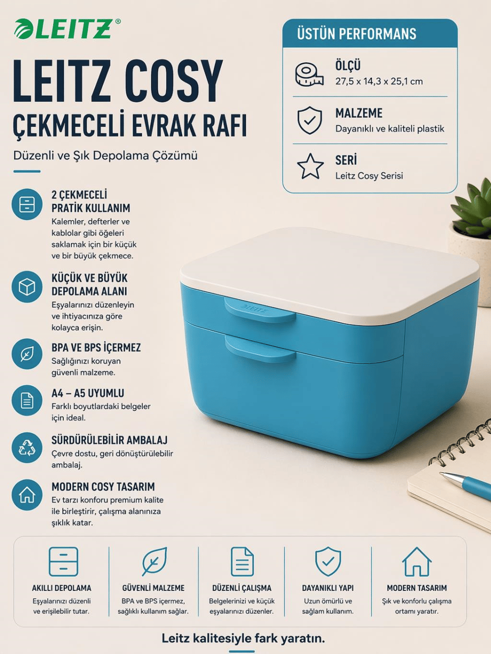 Leitz Cosy Çekmeceli Evrak Rafı - Mavi