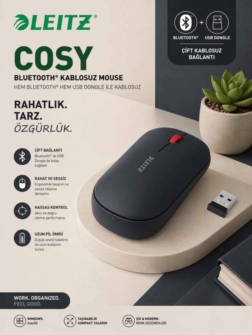 Leitz Cosy Kablosuz Mouse Gri - (Bluetooth & USB) – Ergonomik, Çoklu Bağlantı