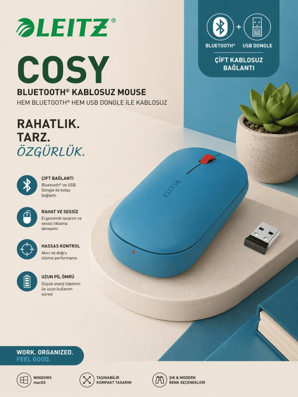 Leitz Cosy Kablosuz Mouse Mavi (Bluetooth & USB) – Ergonomik, Çoklu Bağlantı