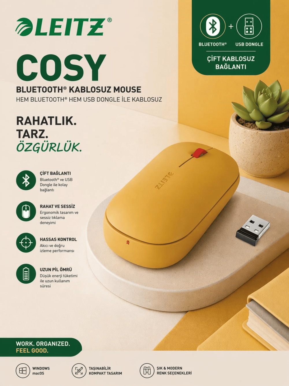Leitz Cosy Kablosuz Mouse Sarı (Bluetooth & USB) – Ergonomik, Çoklu Bağlantı