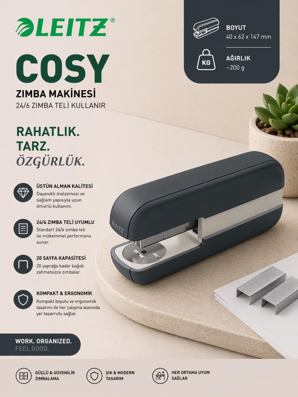 Leitz Cosy Zımba Makinesi Gri KOD:55670089
