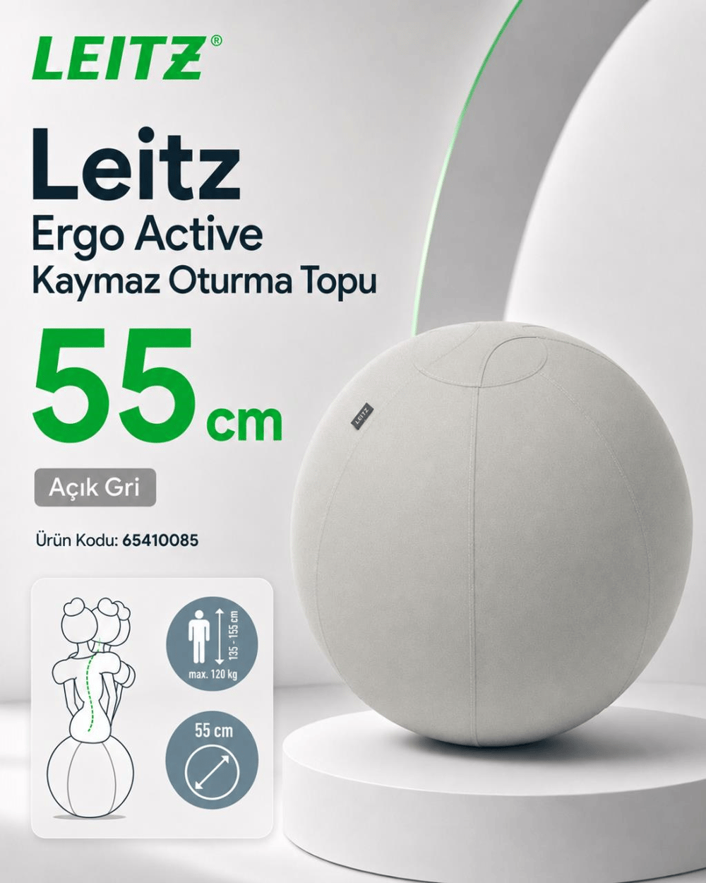 Leitz Ergo Active Kaymaz Oturma Topu 55 cm - AÇIK GRİ - KOD:65410085