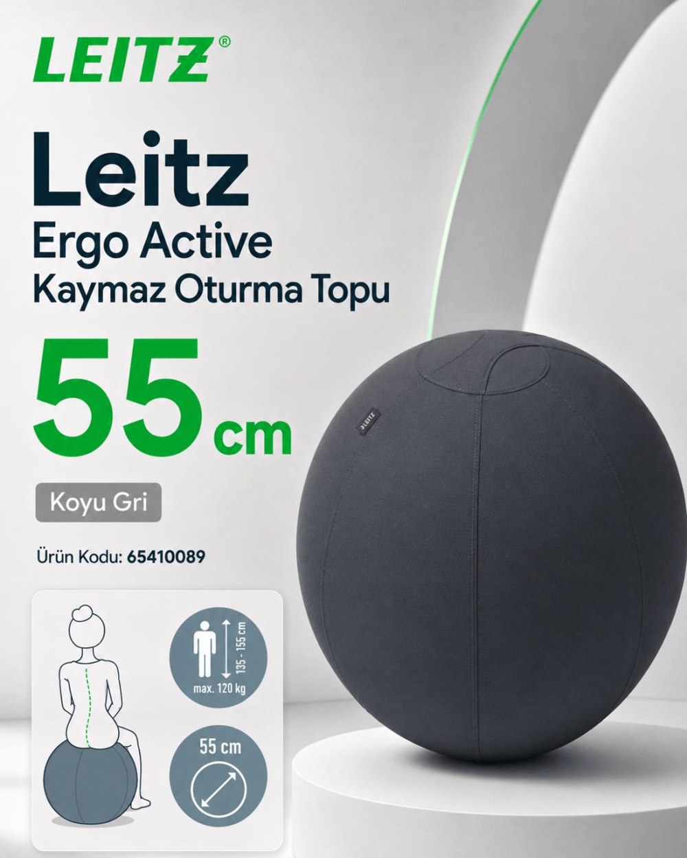 Leitz Ergo Active Kaymaz Oturma Topu 55 cm - KOYU GRİ - KOD:65410089