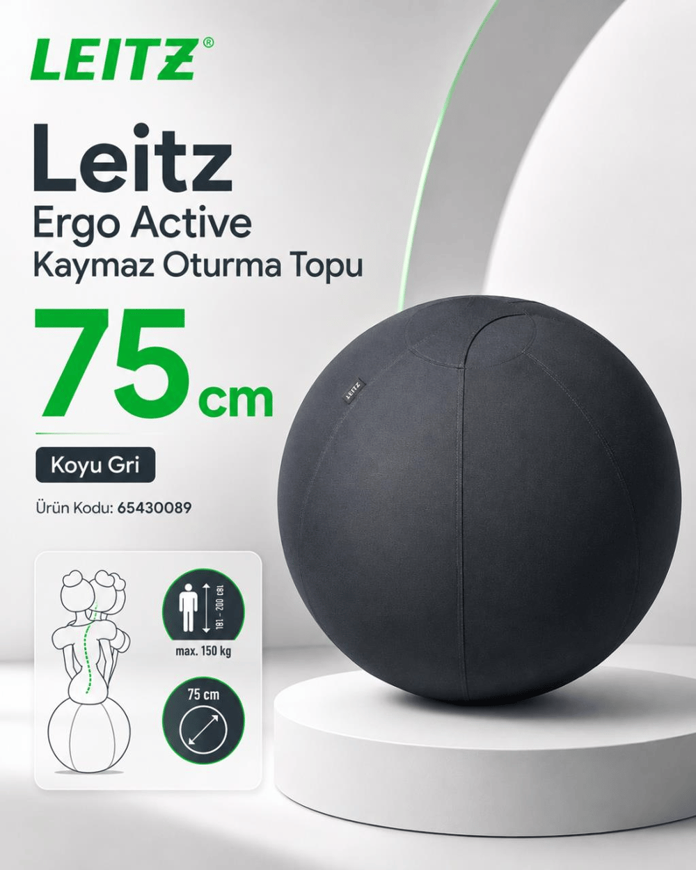 Leitz Ergo Active Kaymaz Oturma Topu 75 cm -  KOYU GRİ - KOD:65430089
