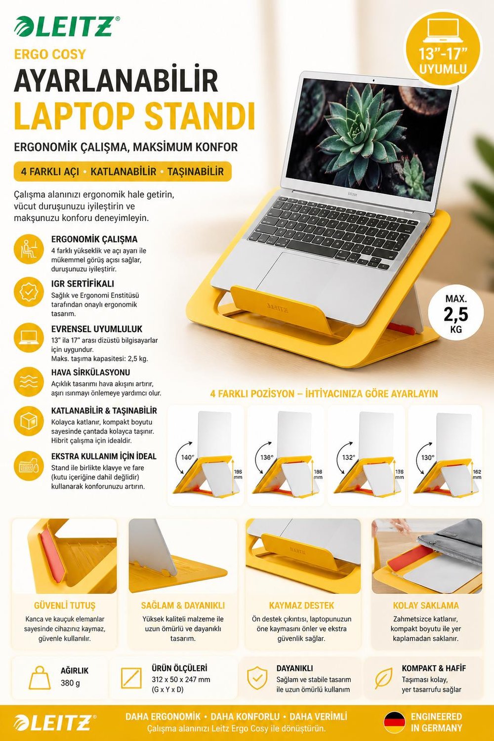 Leitz Ergo Cosy Ayarlanabilir Laptop Standı Sarı - KOD:64260019