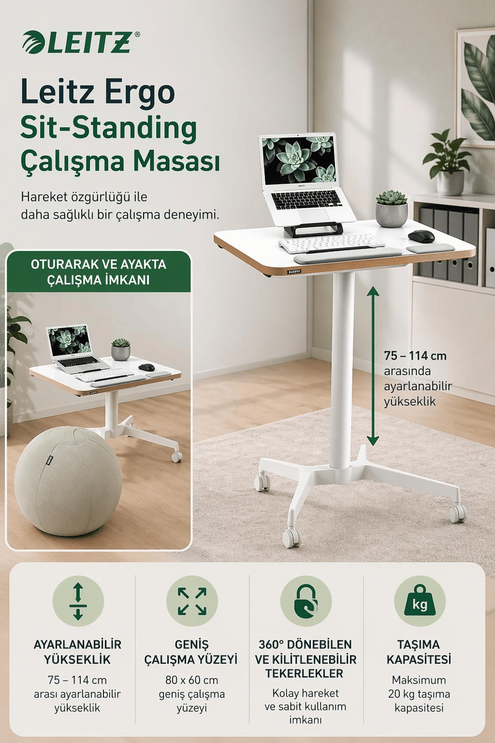Leitz Ergo Elektrikli Sit Standing Küçük Çalışma Masası KOD:65340001