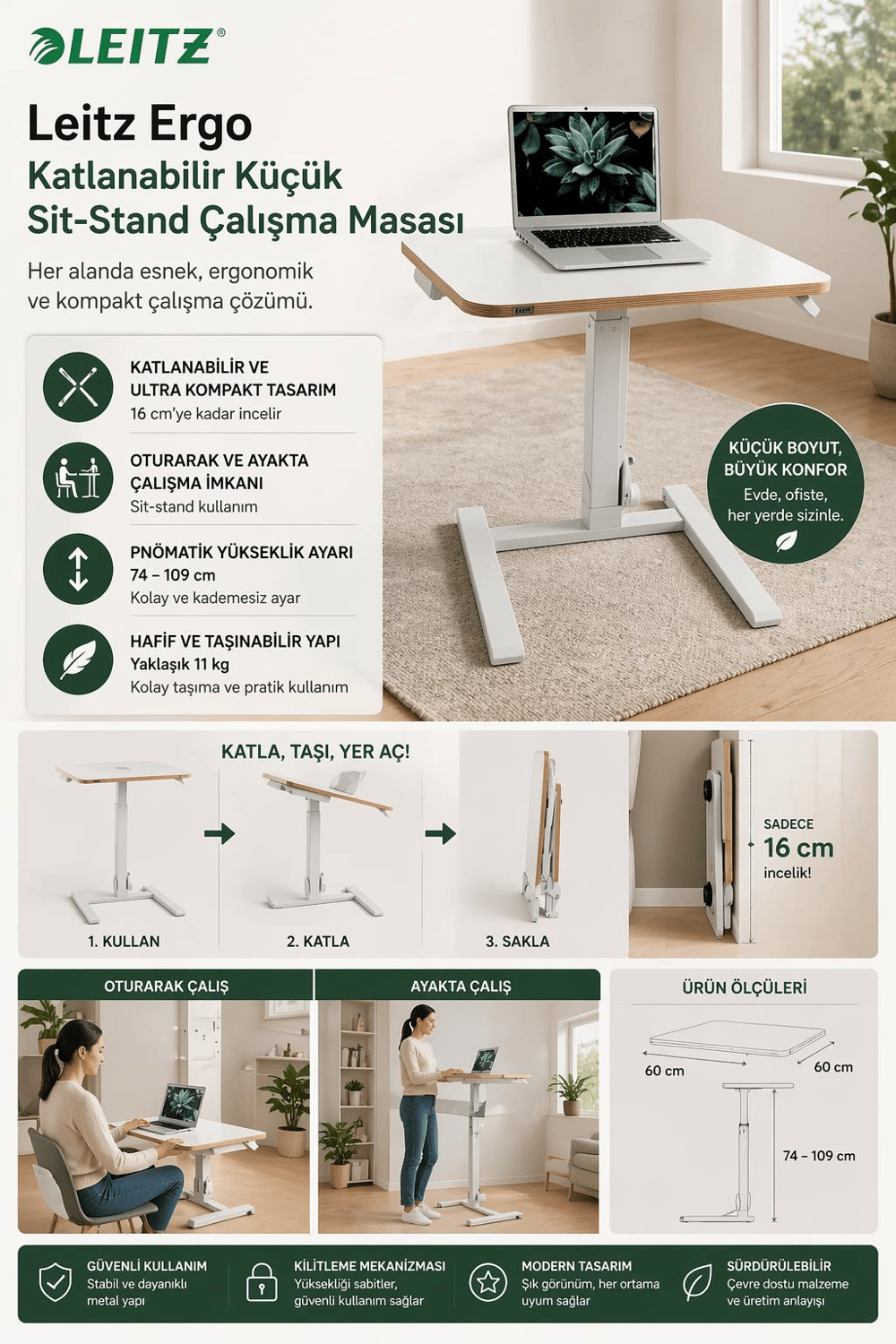 Leitz Ergo Katlanabilir Küçük Sit-Stand Çalışma Masası - LOD:65880001