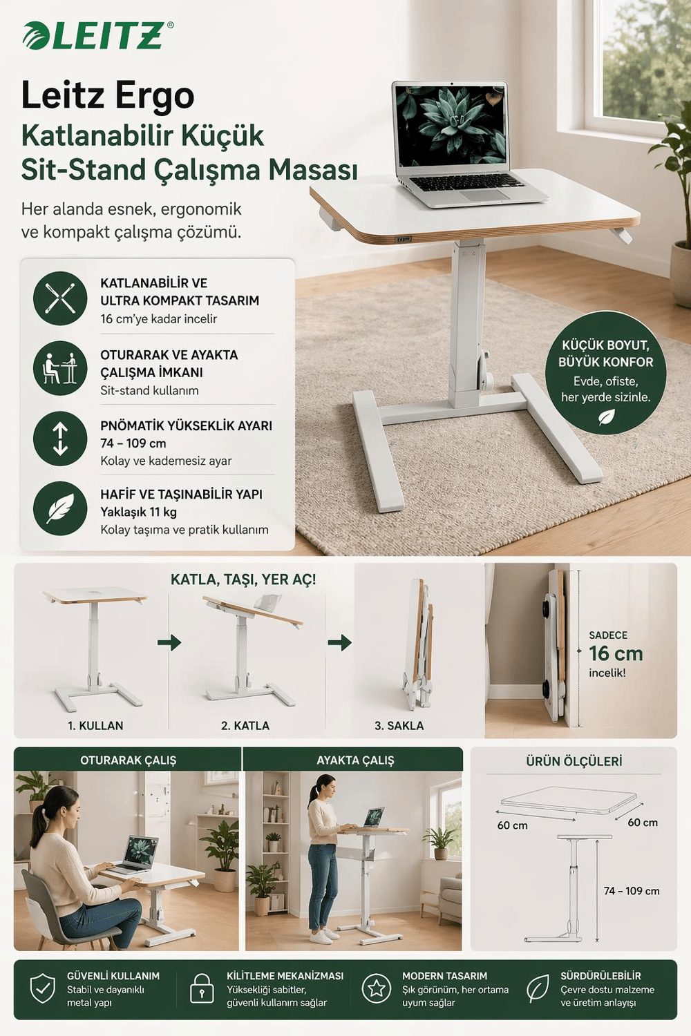 Leitz Ergo Katlanabilir Küçük Sit-Stand Çalışma Masası - LOD:65880001