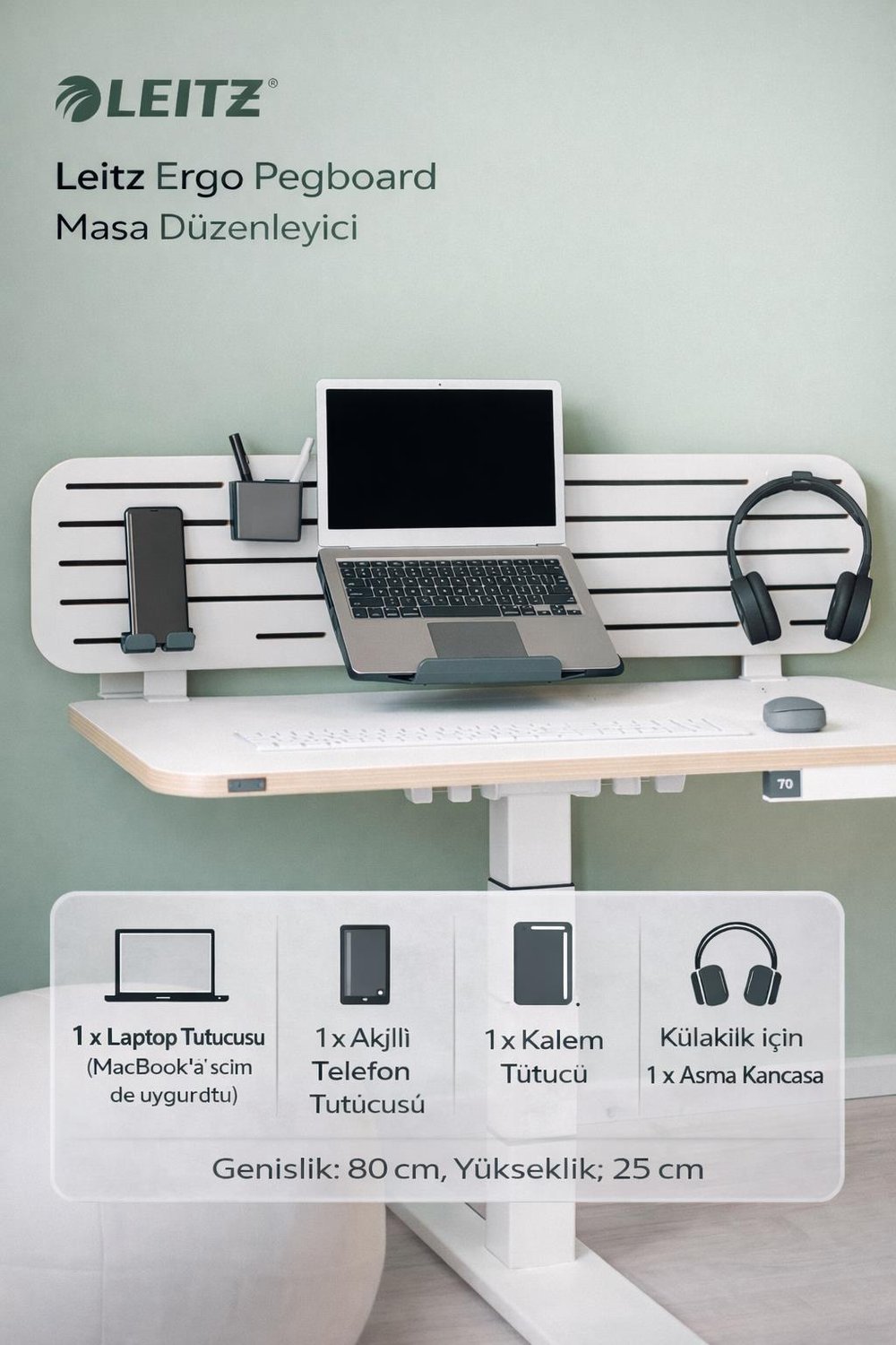 Leitz Ergo Pegboard Masa Düzenleyici, laptop tutuculu, 80x25 cm - KOD:65490000