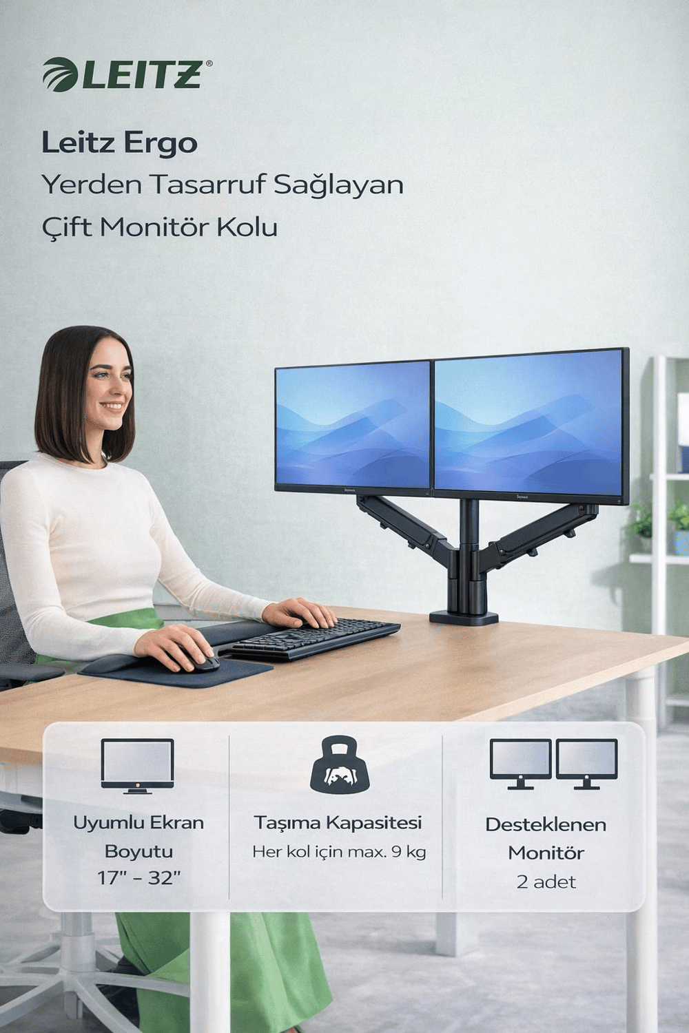Leitz Ergo Yerden Tasarruf Sağlayan Çift Monitör Kolu - KOD:65370089