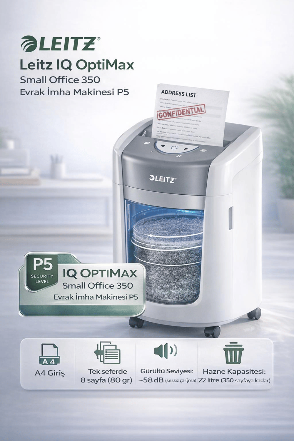Leitz IQ OptiMax Small Office 350 Evrak İmha Makinesi P5 - KOD:83590000