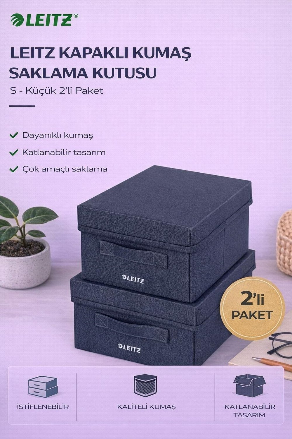 Leitz Kapaklı Kumaş Saklama Kutusu S - Küçük 2'li Paket