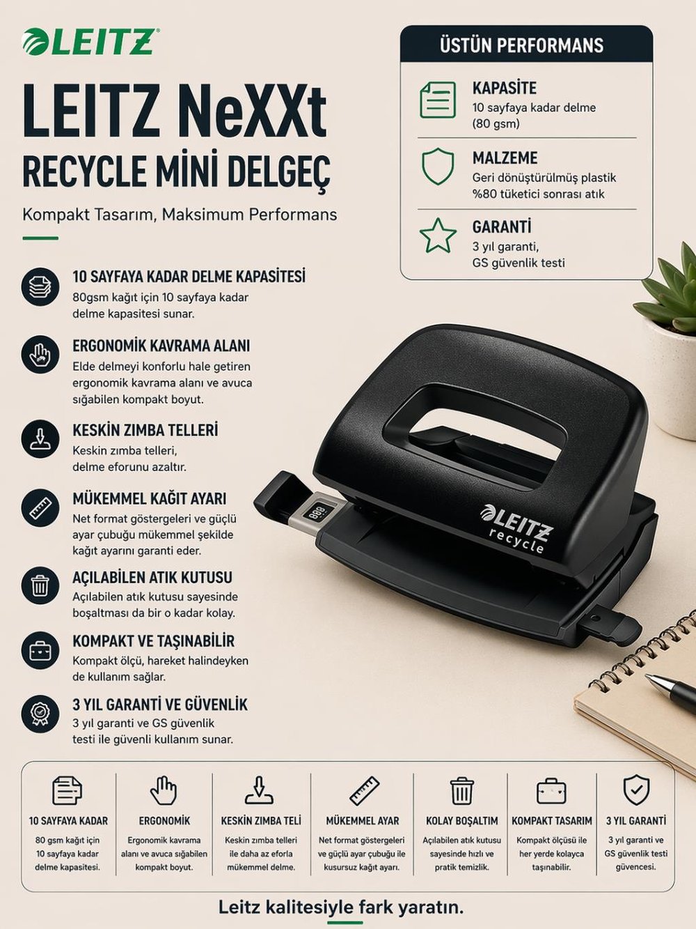 Leitz NeXXt Recycle Mini Delgeç - CO2 nötr - Siyah