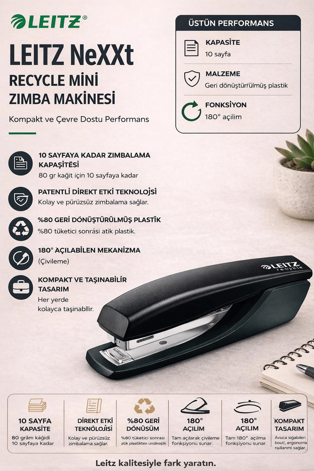 Leitz NeXXt Recycle Mini Zımba Makinası - CO2 nötr