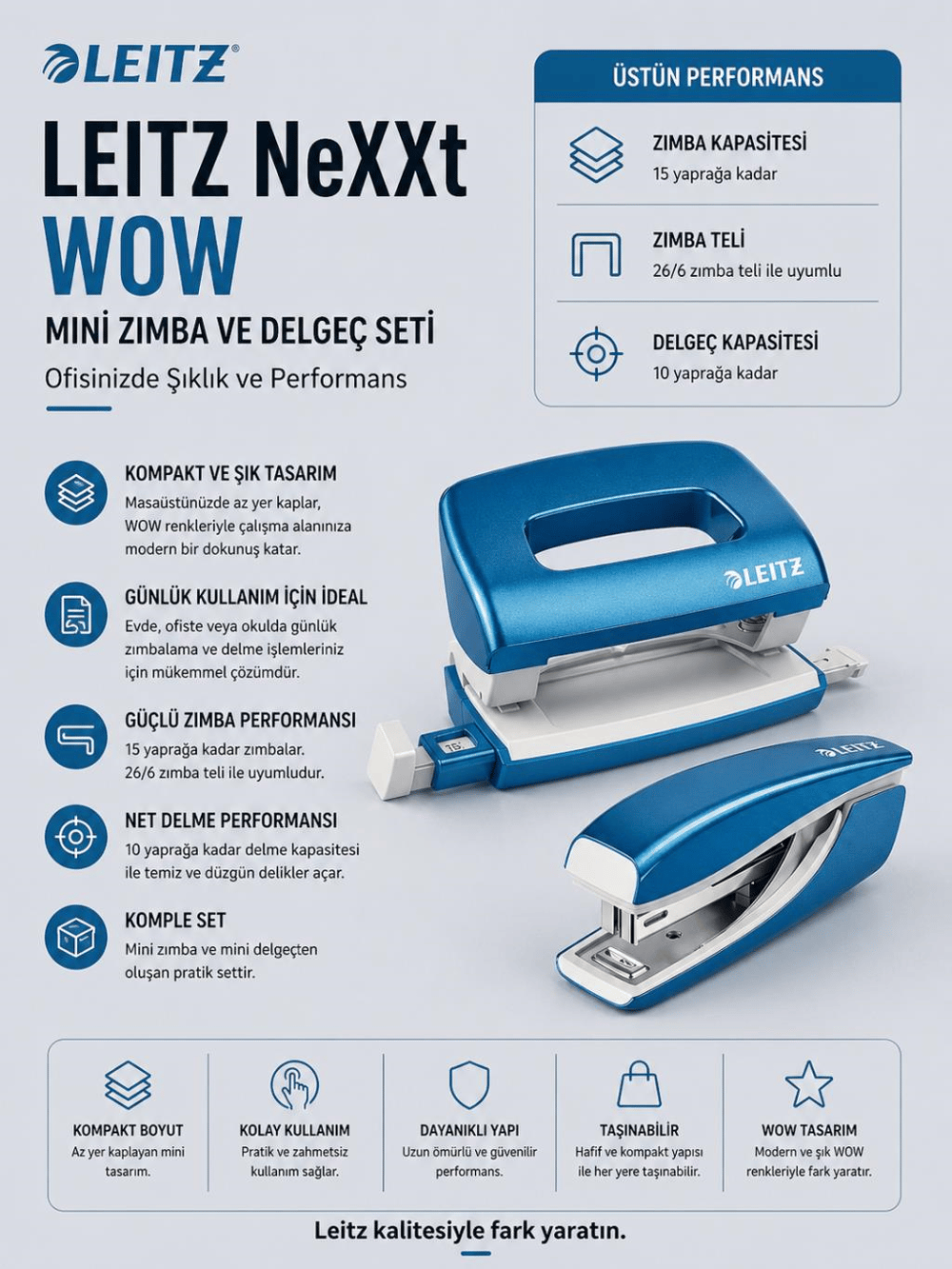Leitz NeXXt WOW Mini Zımba ve Delgeç Seti - Mavi - KOD:55612036