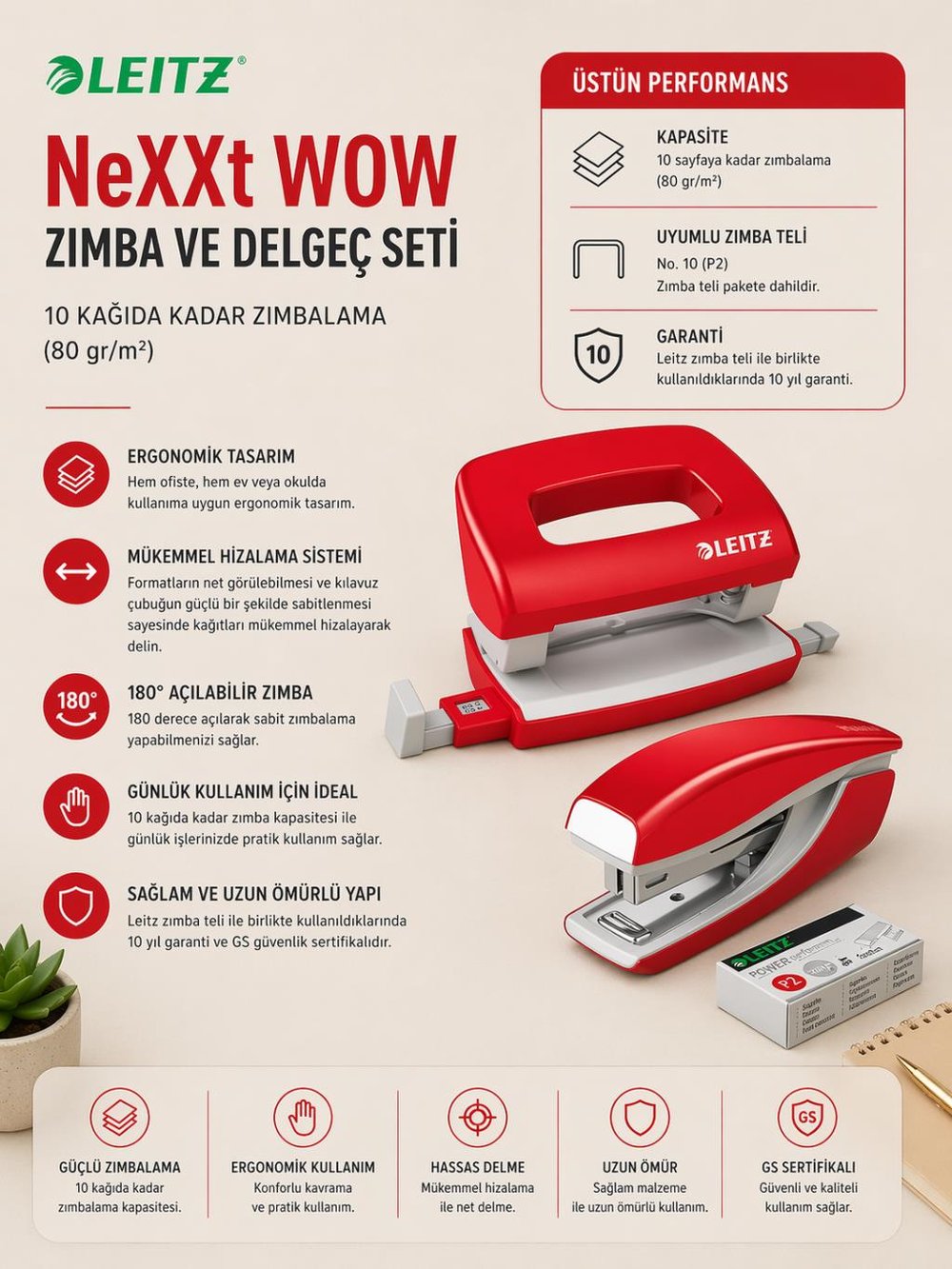 Leitz NeXXt WOW Mini Zımba ve Delgeç Seti - Kırmızı - KOD:55612026
