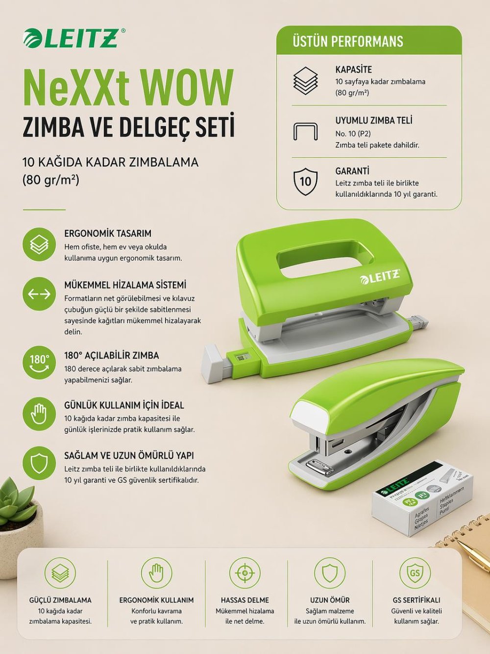 Leitz NeXXt WOW Mini Zımba ve Delgeç Seti - Yeşil - KOD:55612054