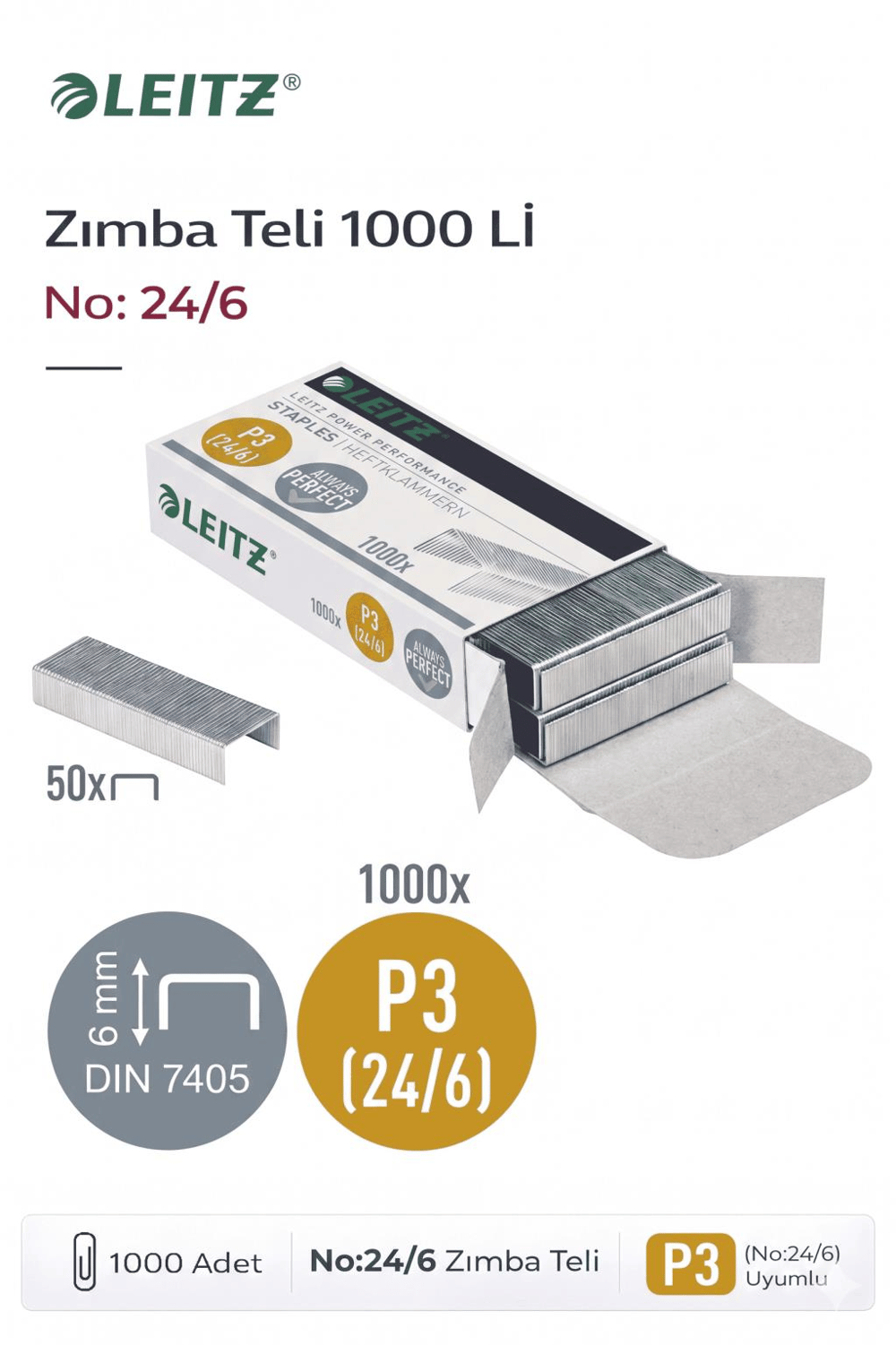 Leitz Power Performance P3 Zımba Telleri (No:24/6 – 1000 Adet)