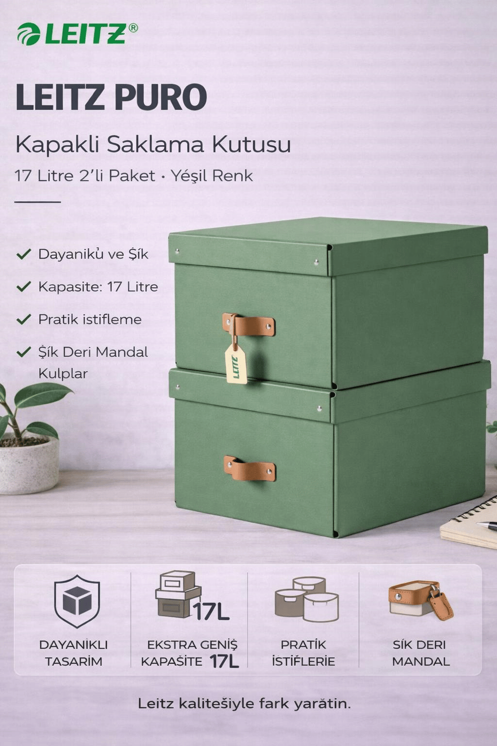Leitz Puro Kapaklı Saklama Kutusu 17 Litre 2'li Paket Yeşil Renk