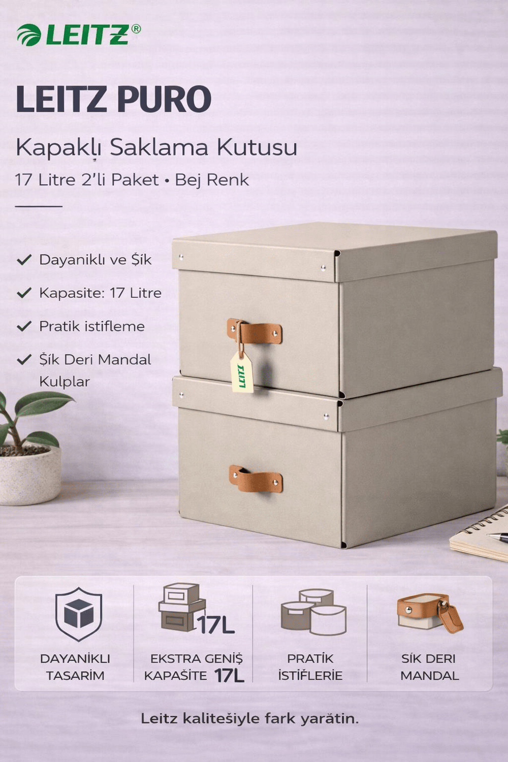 Leitz Puro Kapaklı Saklama Kutusu 17 Litre 2'li Paket Bej Renk