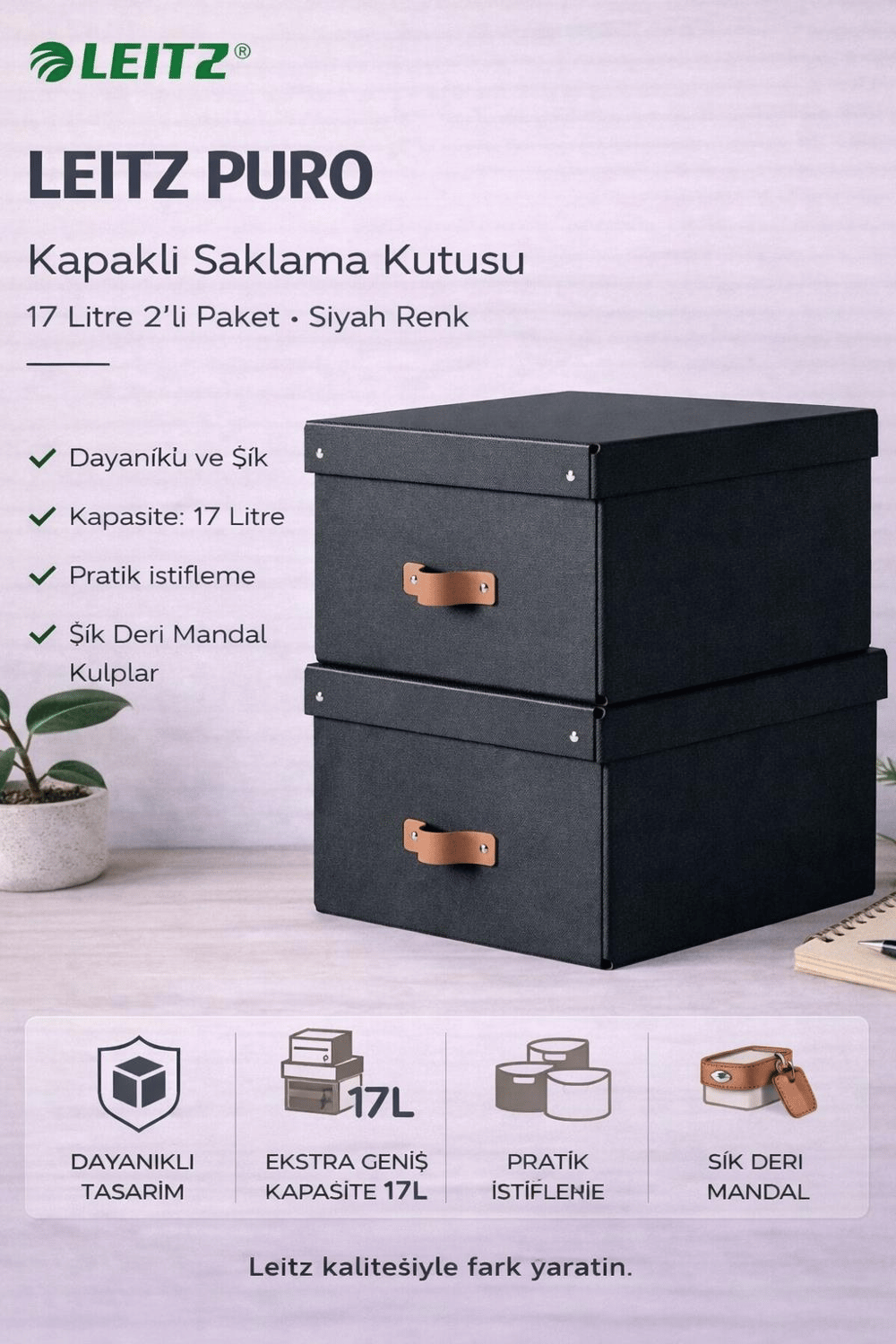 Leitz Puro Kapaklı Saklama Kutusu 17 Litre 2'li Paket Siyah Renk - KOD:61490095