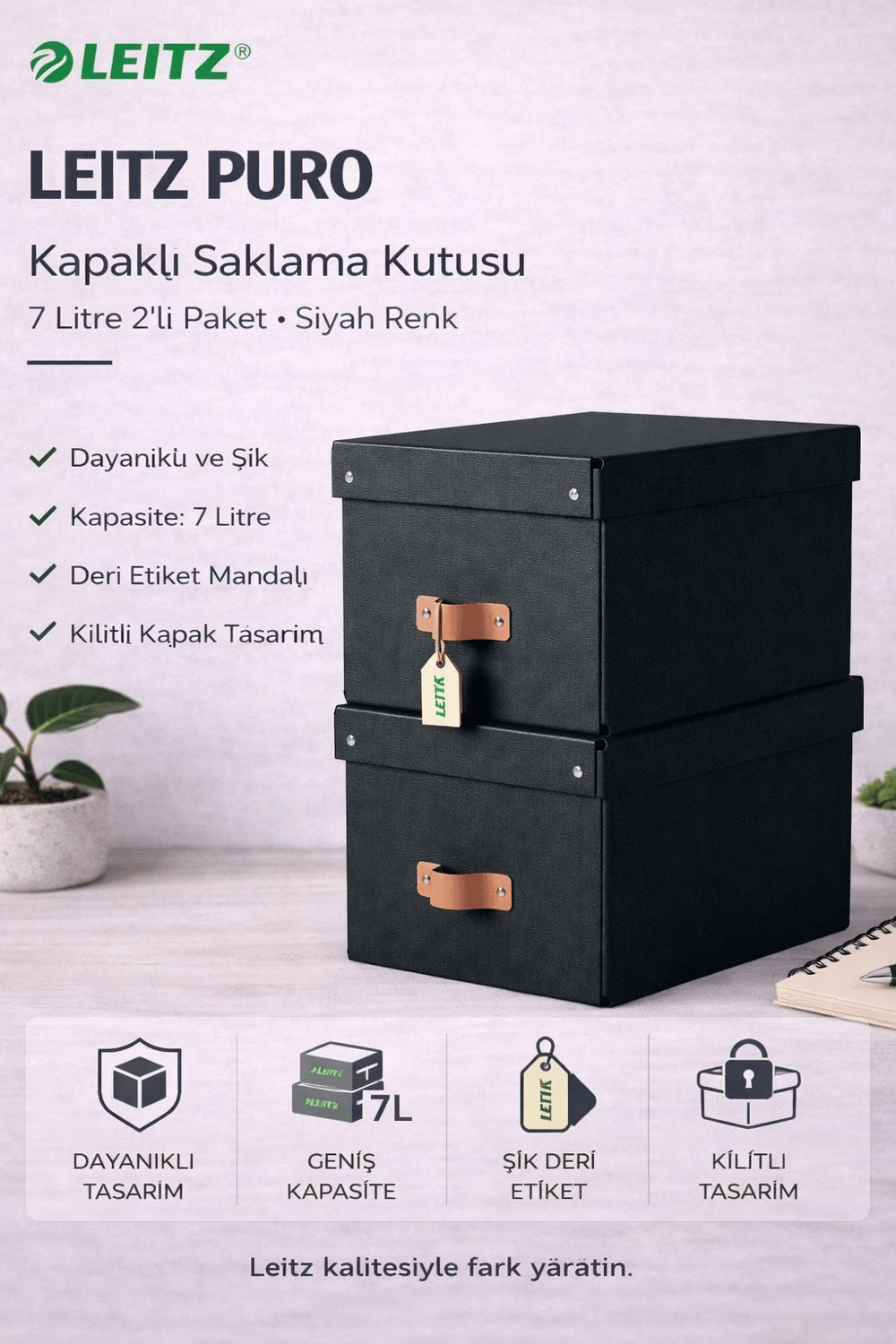 Leitz Puro Kapaklı Saklama Kutusu 7 Litre 2'li Paket Siyah  Renk - KOD:61470095